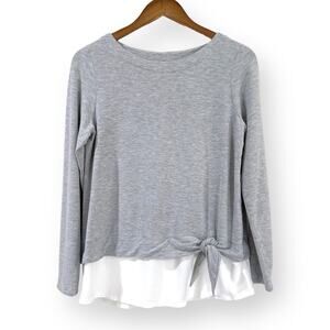 J Jill Layered Shirt Top S Gray White Long Tunic Stretch Side Tie Long Sleeve